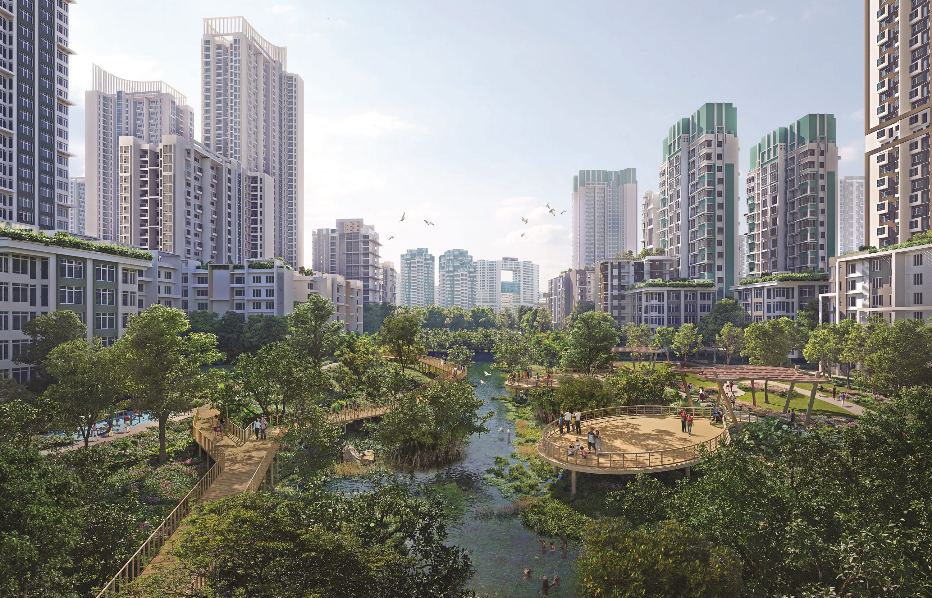 A cityscape with tall apartment buildings surrounding a green park with a pond and people walking.